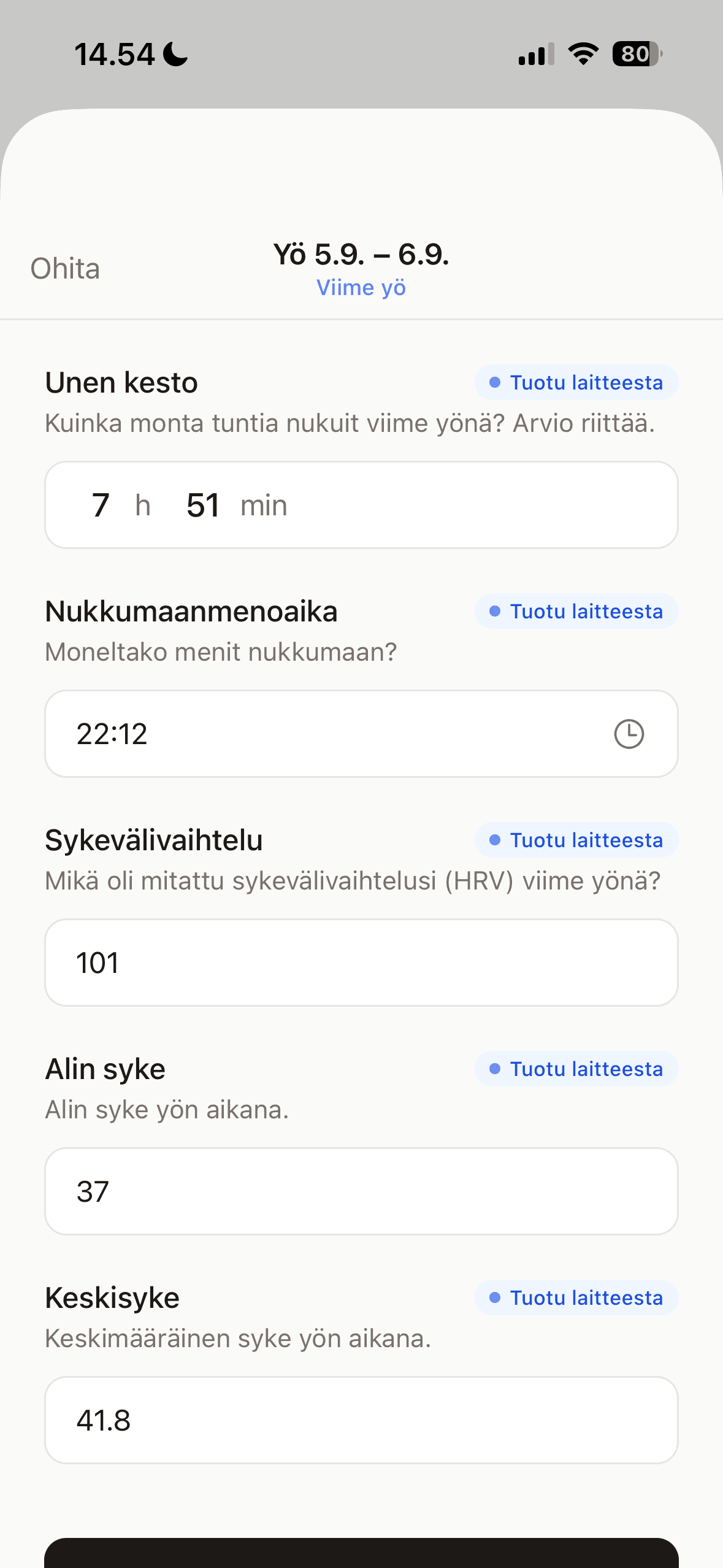 Sleep duration and data from a watch