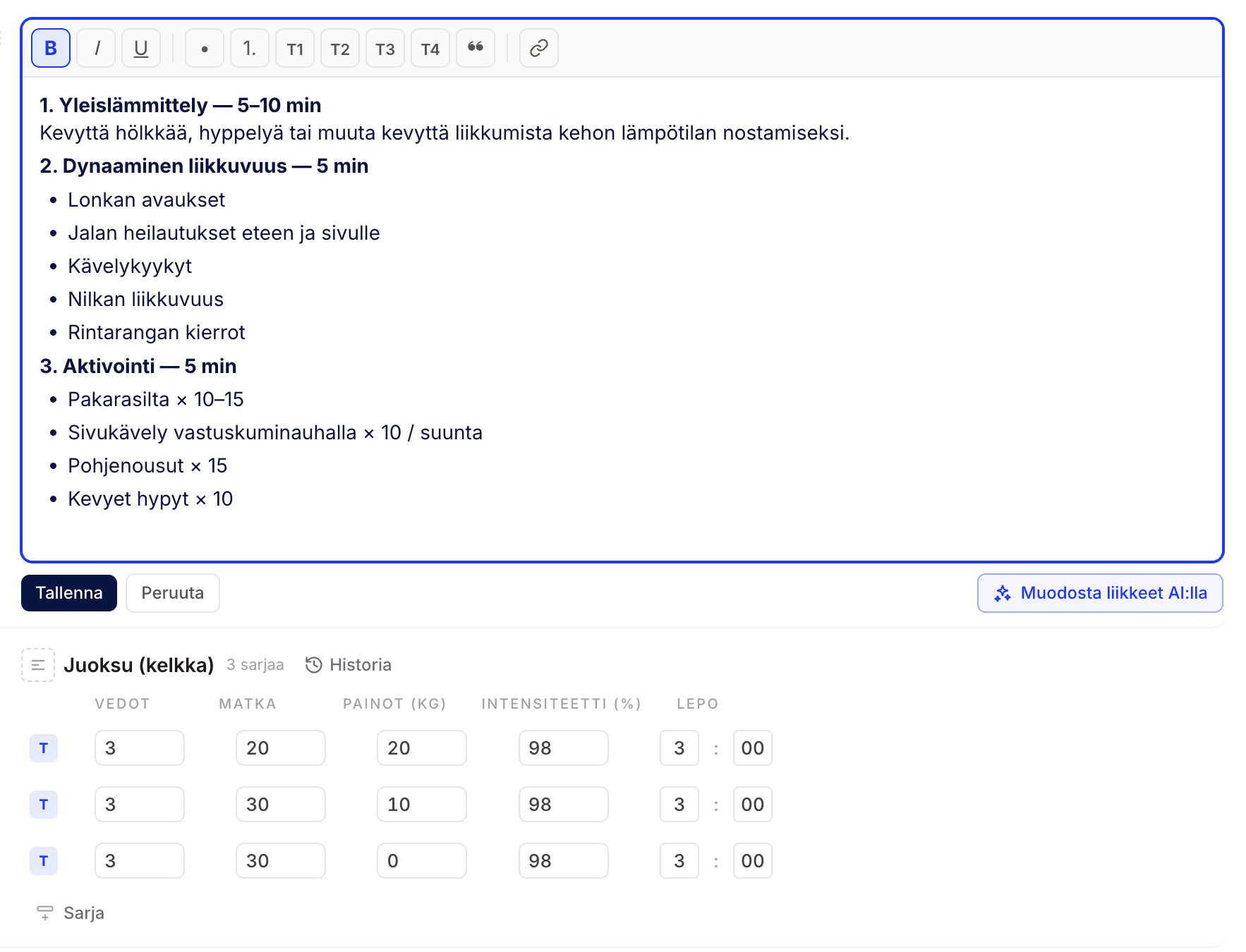 Exercises and instructions in a training program