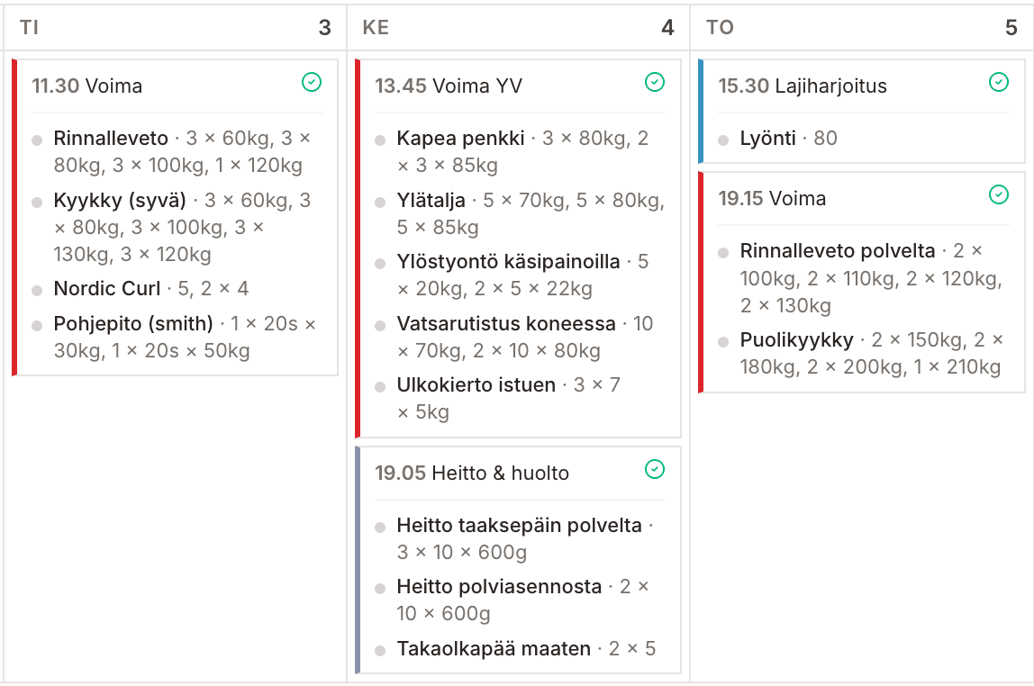 Weekly view of the training calendar